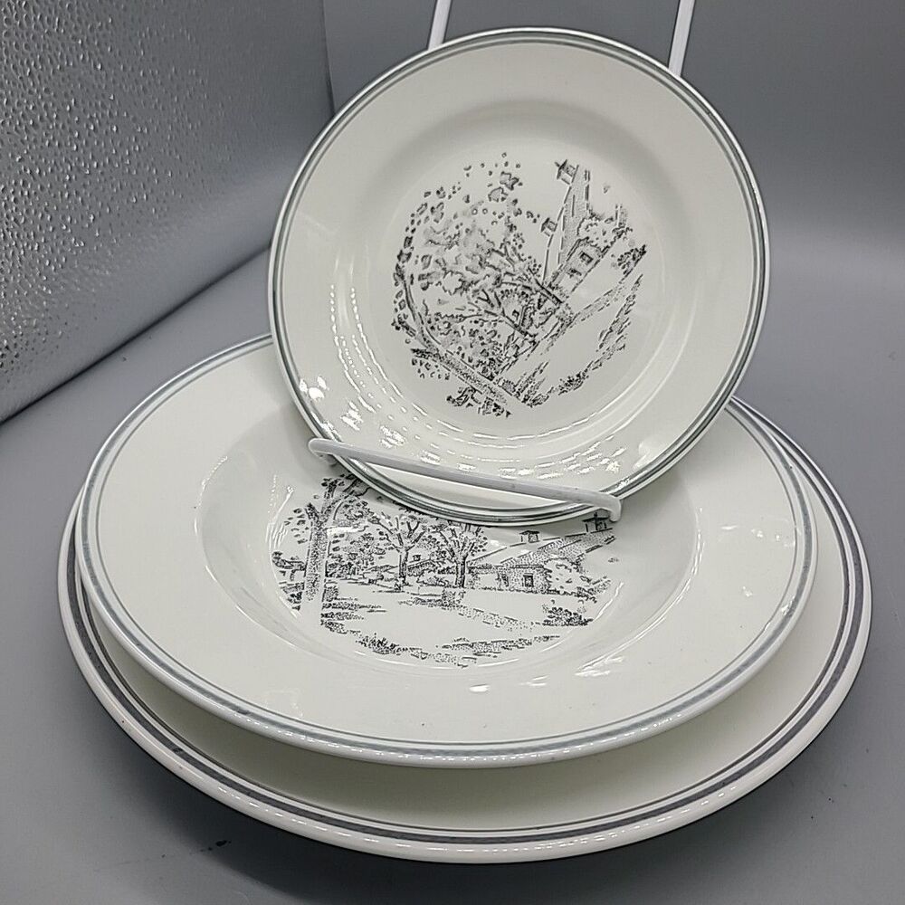 Gustavsberg Porcelain Set (3) Plates Stockholm Ben Porslin Sweden White Gray
